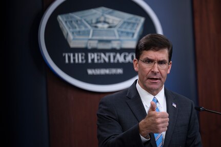 Secretary of Defense, Dr. Mark T. Esper, Vice Chairman of the Joint Chiefs of Staff Air Force Gen. John E. Hyten, and Air Force Gen. Tod D. Wolters, commander, U.S. European Command, brief the media on the European Strategic Force Posture Review, July 29, 2020. (DoD Photo by Chad J. McNeeley)