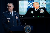 Secretary of Defense, Dr. Mark T. Esper, Vice Chairman of the Joint Chiefs of Staff Air Force Gen. John E. Hyten, and Air Force Gen. Tod D. Wolters, commander, U.S. European Command, brief the media on the European Strategic Force Posture Review, July 29, 2020. (DoD Photo by Chad J. McNeeley)