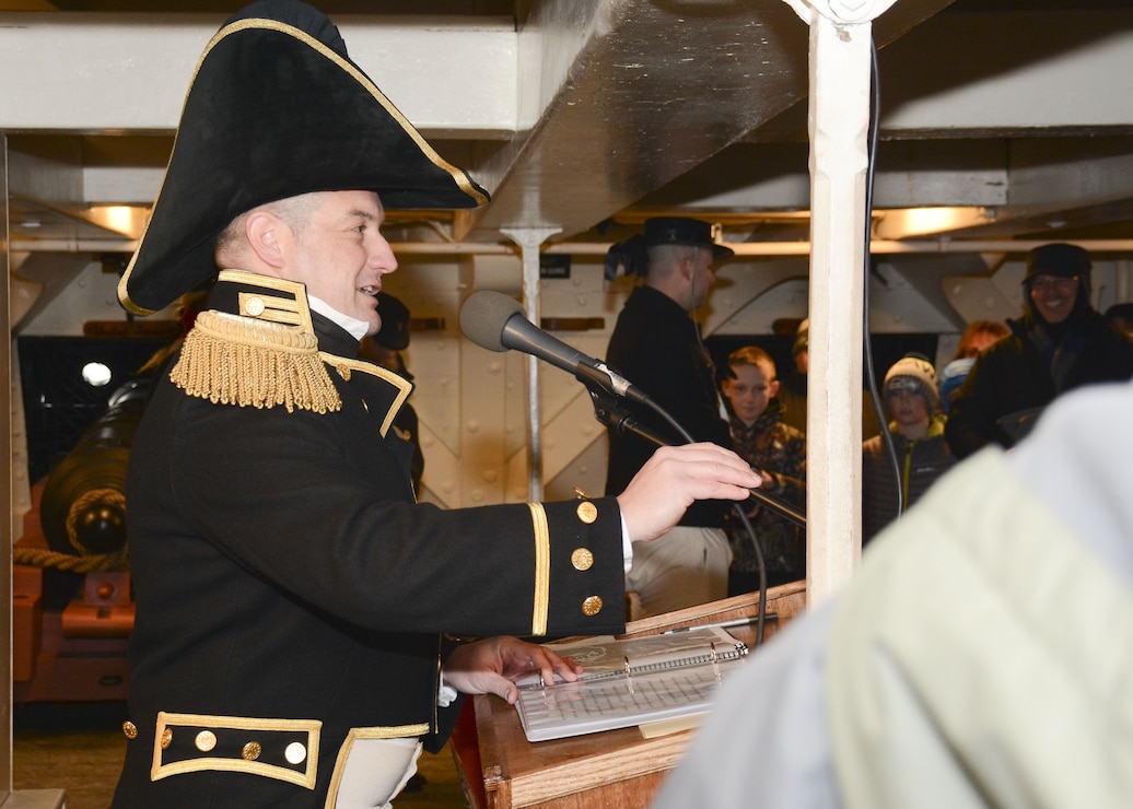 Cmdr. Nathaniel R. Shick, 75th commanding officer of USS Constitution, delivers statements regarding the War of 1812