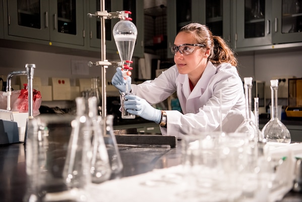 Danielle Paynter researches emulsions in the lab at Naval Surface Warfare Center, Carderock Division.