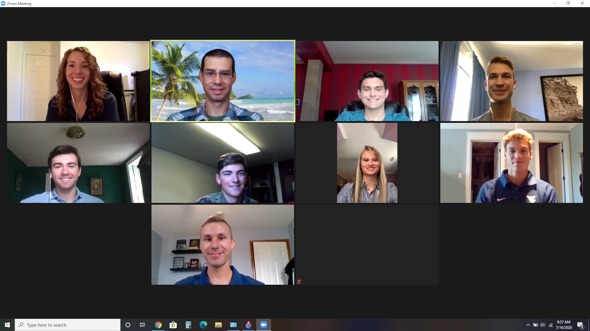 Mr. Jade Pomerleau, top row, second from left, an AFRL program manager, meets virtually with undergraduate cadets from the U.S. Air Force Academy, who are participating in the Cadet Summer Research Program. (U.S. Air Force photo/Jade Pomerleau)