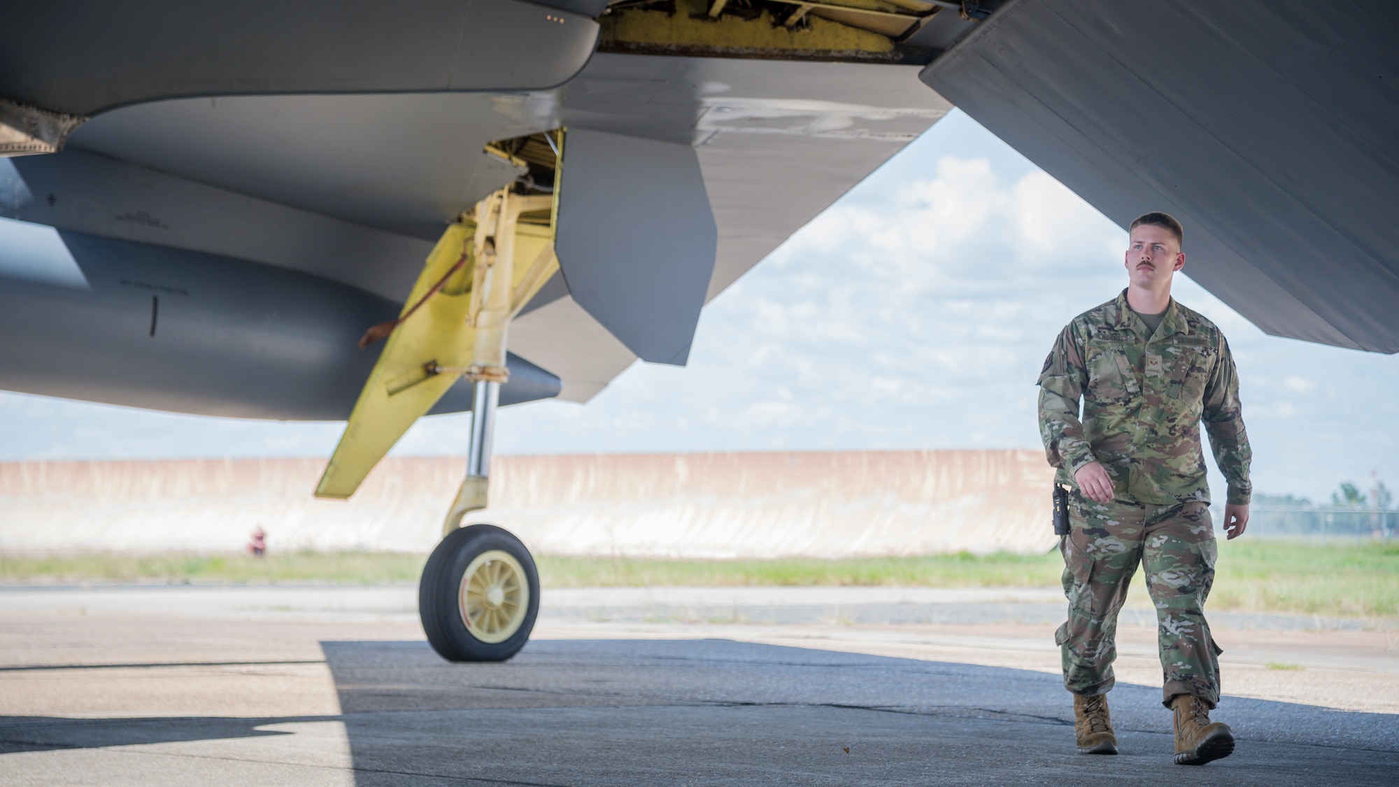 Senior Airman Kaid Hackler, 96th Aircraft Maintenance Unit aerospace propulsion journeyman, inspects a B-52H Stratofortress at Barksdale Air Force Base, La., July 23, 2020.