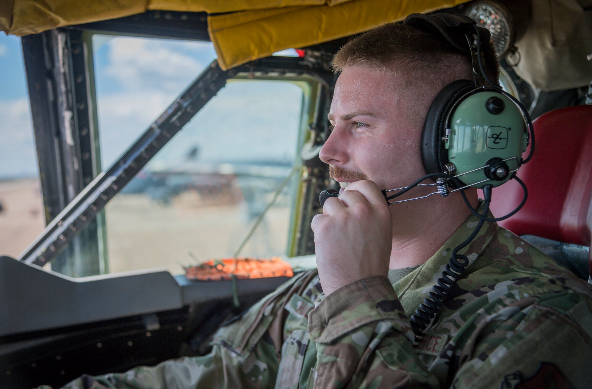 Senior Airman Kaid Hackler, 96th Aircraft Maintenance Unit aerospace propulsion journeyman, calls the tower on a B-52H Stratofortress before an engine run at Barksdale Air Force Base, La., July 23, 2020.