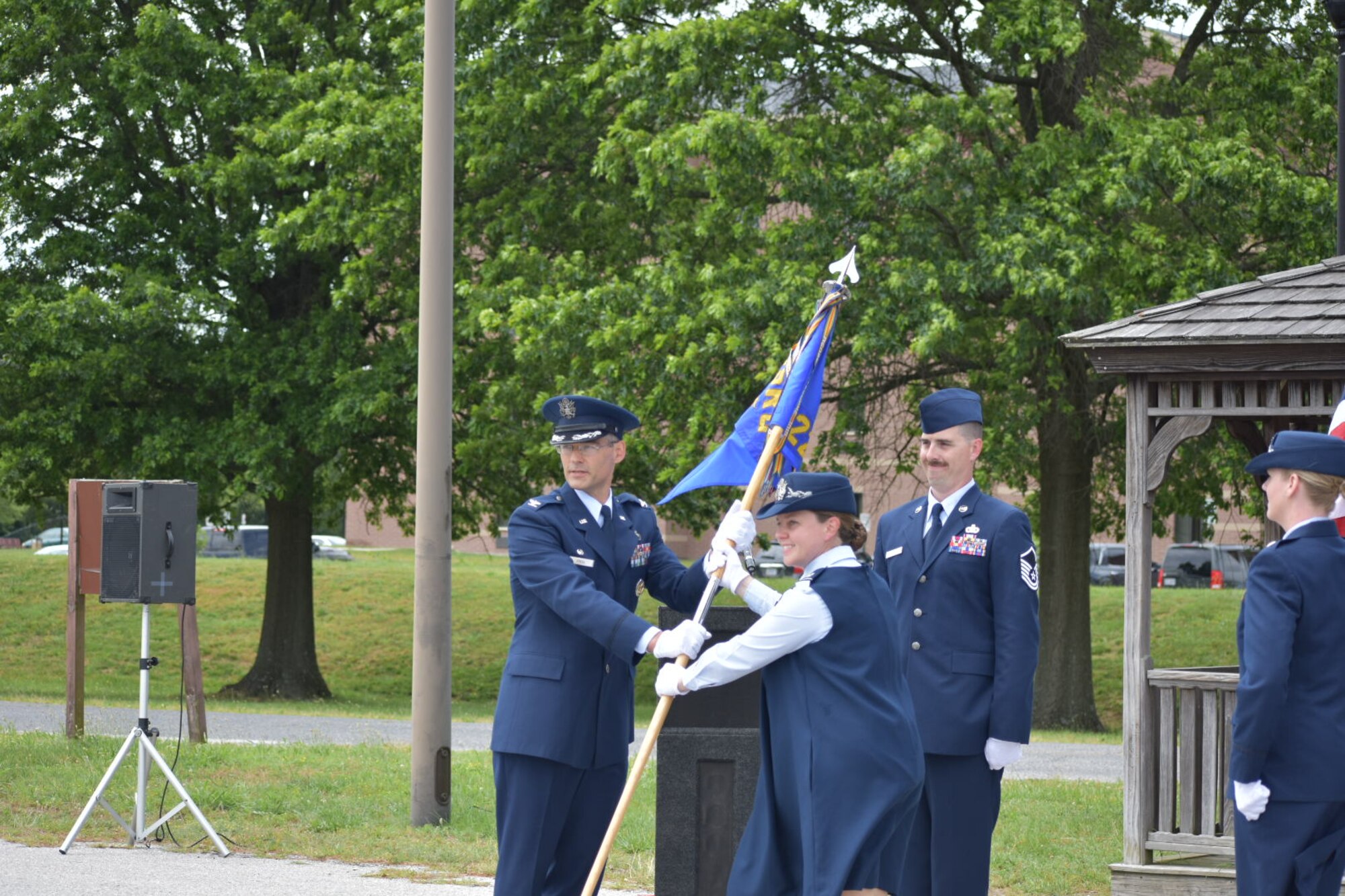 Lt. Col. Hallie Herrera takes command of the 22nd Intelligence Squadron from Col. Charles Freel, commander of the 691st Intelligence Surveillance and Reconnaissance Group in a ceremony at Fort George G. Meade, Md., June 16, 2020. (U.S. Air Force courtesy photo by Felix Herrera)
