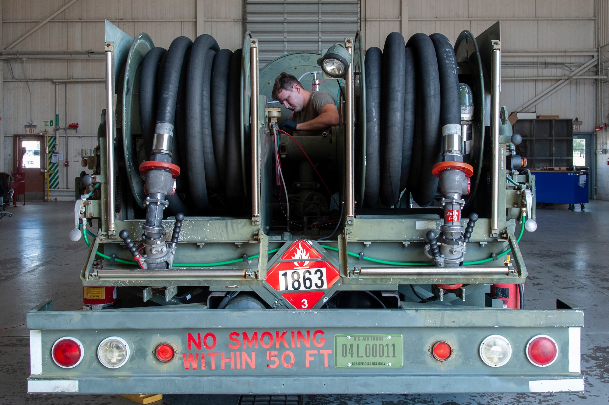 U.S. Air Force Staff Sgt. Brandyn Shelly, the 6th Logistics Readiness Squadron material handling equipment (MHE) noncommissioned officer in charge, diagnoses a pumping issue on an R-12 refueling truck, July 15, 2020, at MacDill Air Force Base, Fla.