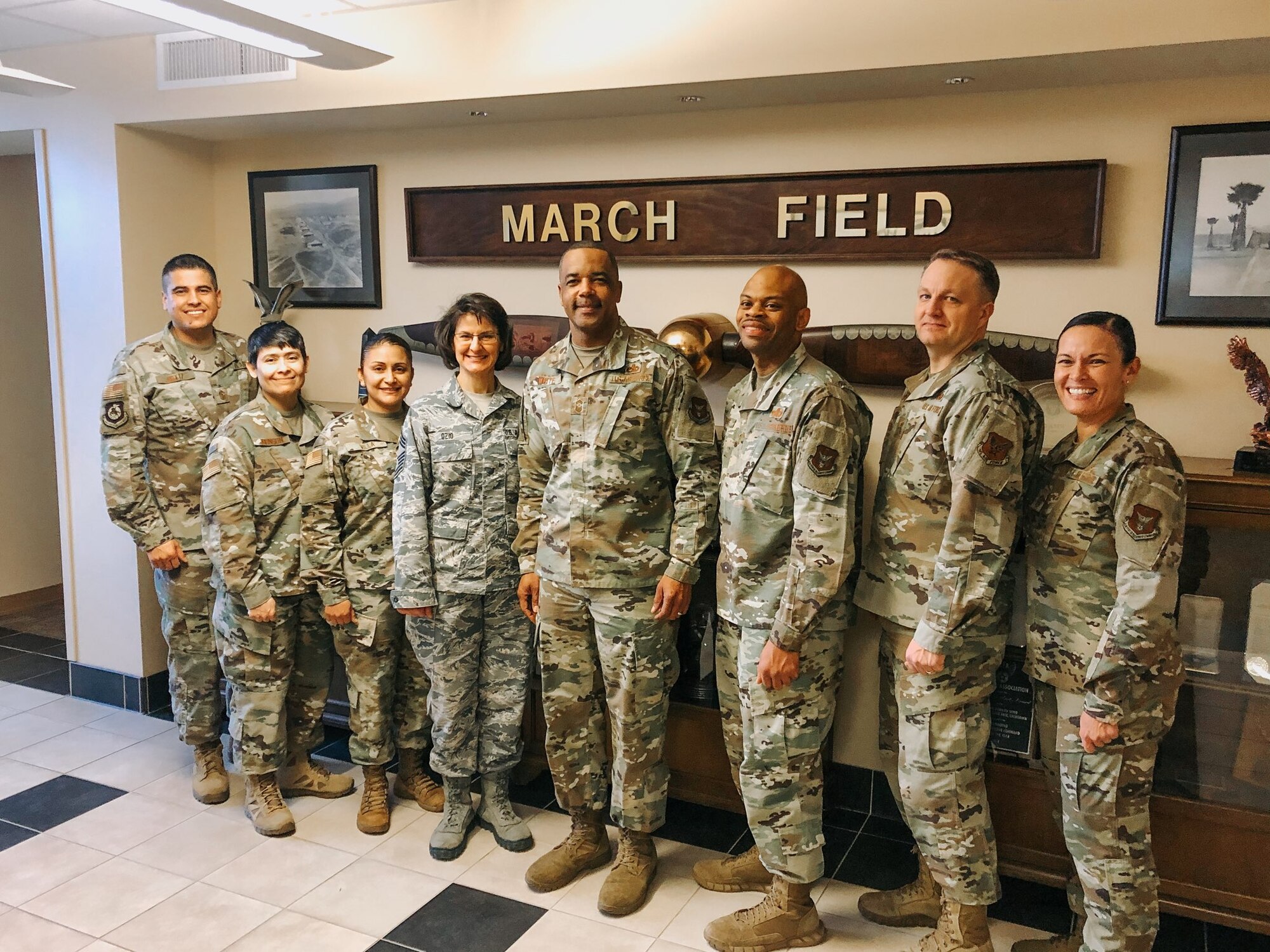 Chief Master Sgt. Timothy White is shown here with the Senior Enlisted Council at March Air Reserve Base, California, in January, before COVID-19 social distancing practices were implemented. Left to right are Chief Master Sgts. Octavio Ortiz, Imelda Johnson, Cynthia Villa, Shirley Ozio, White, Travon Dennis, Jim Loper and Billie Baber.