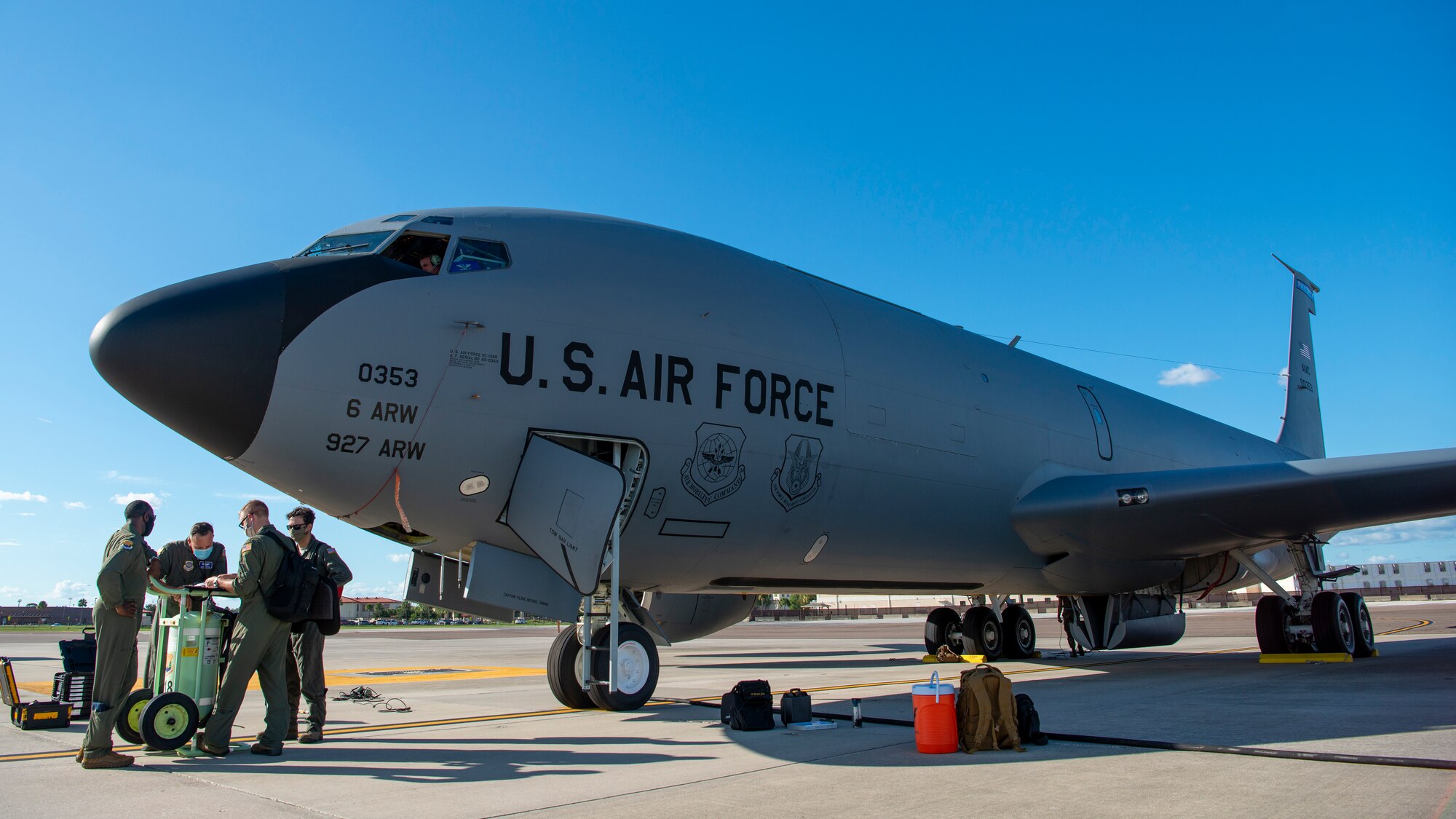 6th Operations Group aircrew prepare for a flight at MacDill Air Force Base, Fla., Jul. 20, 2020.