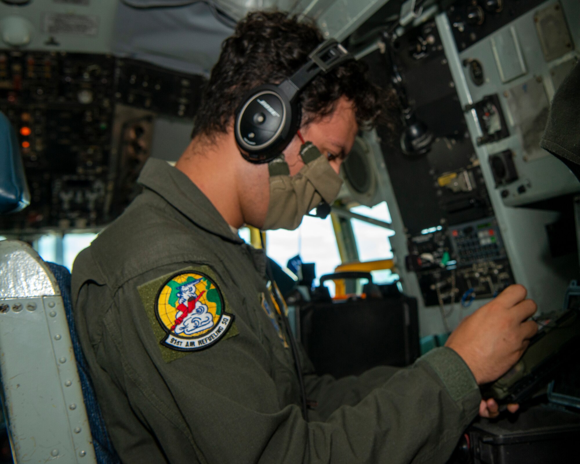 U.S. Air Force Senior Airman, a 91st Air Refueling Squadron boom operator, completes pre-flight checks aboard a KC-135 Stratotanker at MacDill Air Force Base, Fla., Jul. 20, 2020.