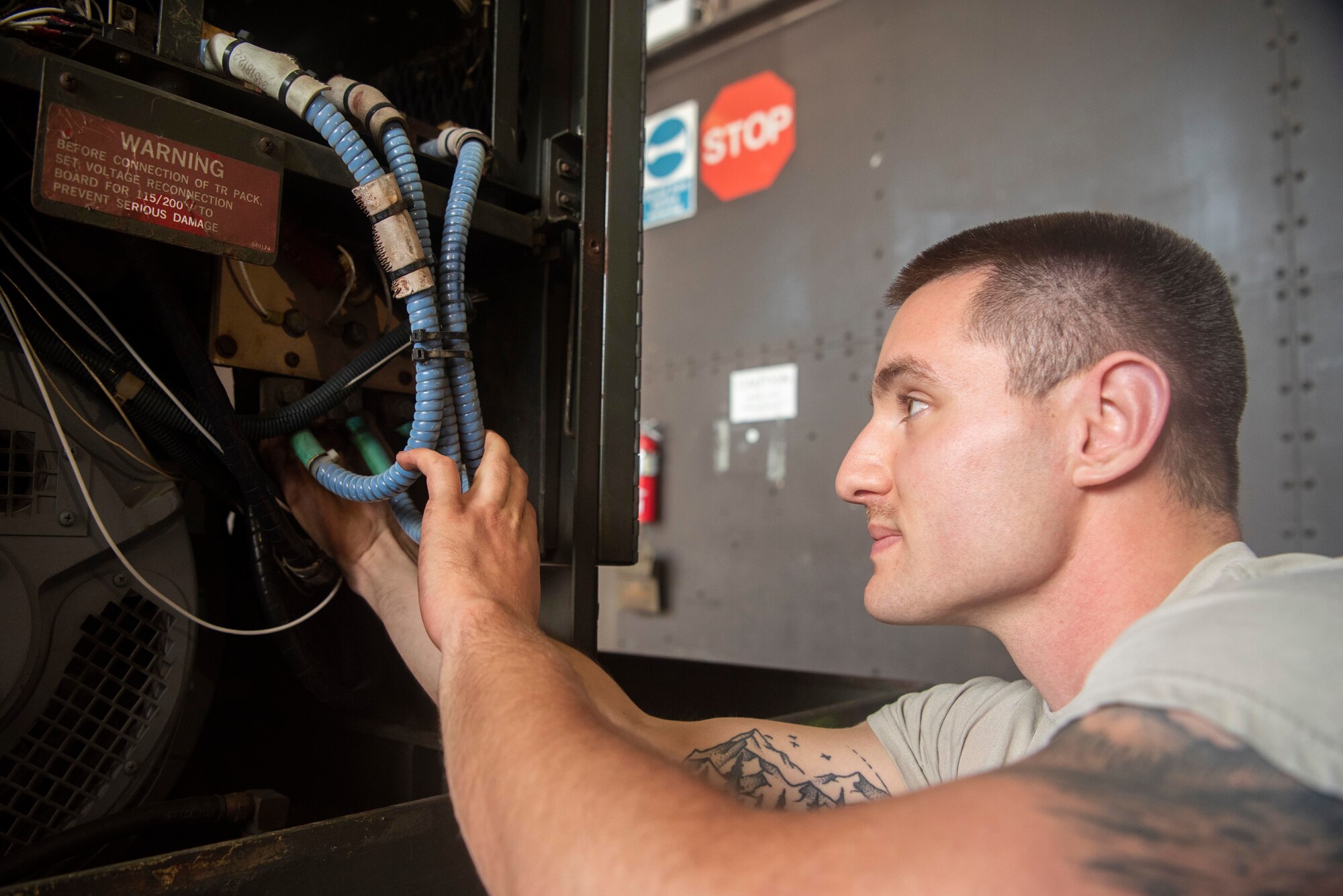 Senior Airman David Boyles, 100th Maintenance Squadron aerospace ground equipment journeyman, repairs wiring on a generator July 28, 2020, at RAF Mildenhall, England. Generators supply power to the aircraft when the engines are off, enabling pilots and maintainers to perform pre-flight checks without using fuel. (U.S. Air Force photo by Airman 1st Class Joseph Barron)