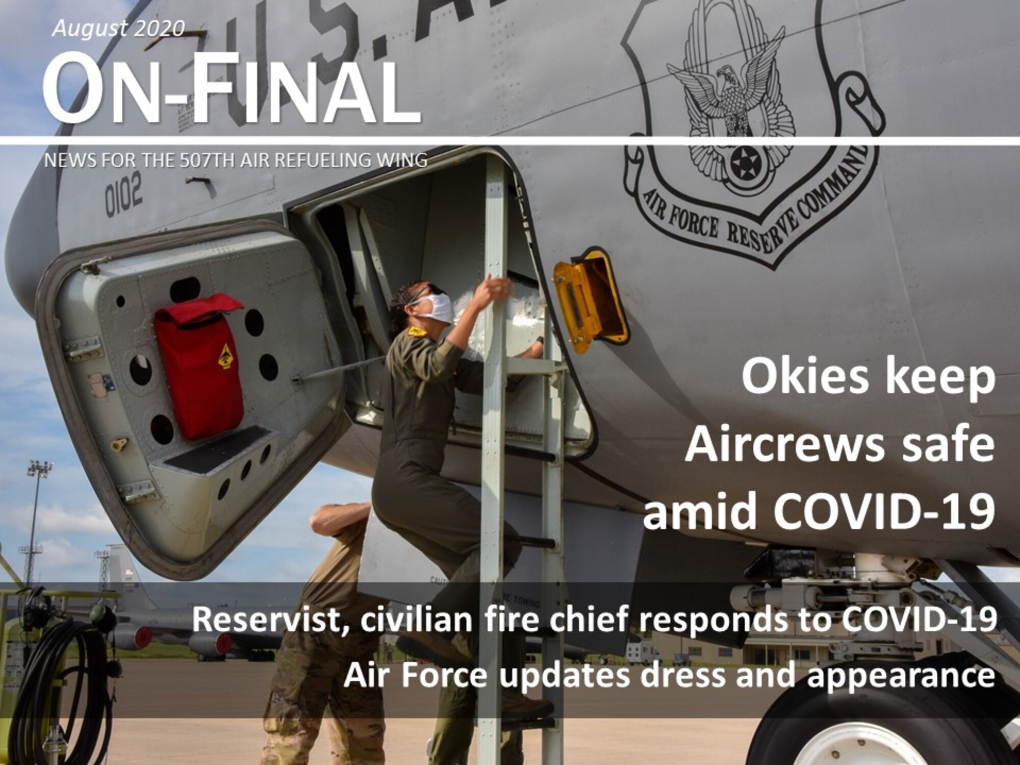 2nd Lt. Keisha Holback, 465th Air Refueling Squadron pilot, climbs into the flight deck of a KC-135R Stratotanker July 21, 2020, at Tinker Air Force Base, Oklahoma. Pilots are required to wear personal protective equipment to mitigate the spread of COVID-19. (U.S. Air Force graphic by Senior Airman Mary Begy)