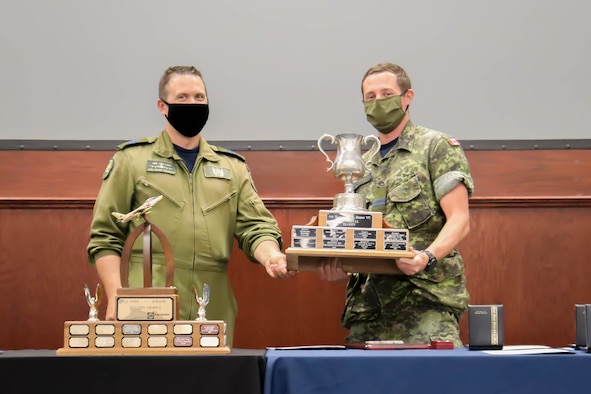 Capt. Kevin Long, an Air Surveillance Officer with the 964th Airborne Air Control Wing, is presented the Air Marshal W.A. Bishop, VC trophy by Lt. Col. Shawn Guilbault, commander of the Canadian Detachment, at Tinker Air Force Base, Oklahoma July 23. Long's leadership ensure Airmen readiness for global defense operations throughout the year home and abroad (U.S. Air Force photo by 1st Lt. Ashlyn K. Paulson).