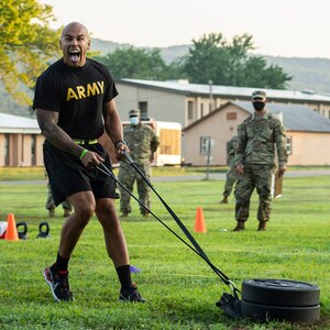 New York Army National Guard Cpl. Troy Perez, an infantryman assigned to Alpha Company, 1st Battalion, 69th Infantry Regiment, and the winner of the enlisted category in the state Best Warrior competition, performs the sprint, drag and carry portion of the Army Combat Fitness Test at Camp Smith Training Site, N.Y., July 25, 2020.