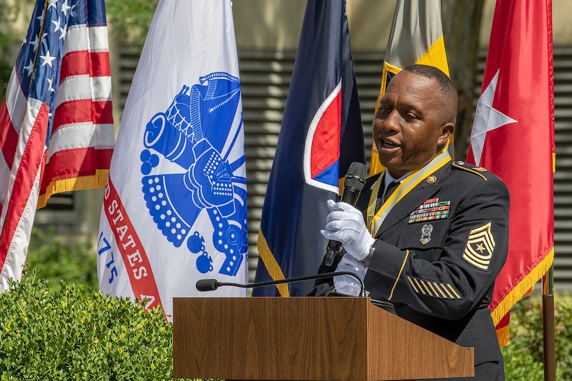 Recently retired Sgt. Maj. Ronald Houston, U.S. Army Financial Management Command Operations senior enlisted advisor, addresses family and friends during his retirement ceremony at the Maj. Gen. Emmett J. Bean Federal Center in Indianapolis July 17, 2020. Houston was born and raised in New Orleans, Louisiana, and he joined the Army as a financial management specialist in May 1992, four days after graduating from high school. (U.S. Army photo by Mark R. W. Orders-Woempner)