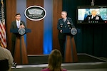 Secretary of Defense Mark T. Esper, Joint Chiefs of Staff Vice Chairman Air Force Gen. John E. Hyten, and Commander, U.S. European Command Air Force Gen. Tod D. Wolters, brief the media on the European Strategic Force Posture Review from the Pentagon Briefing Room, Washington, D.C., July 29, 2020.