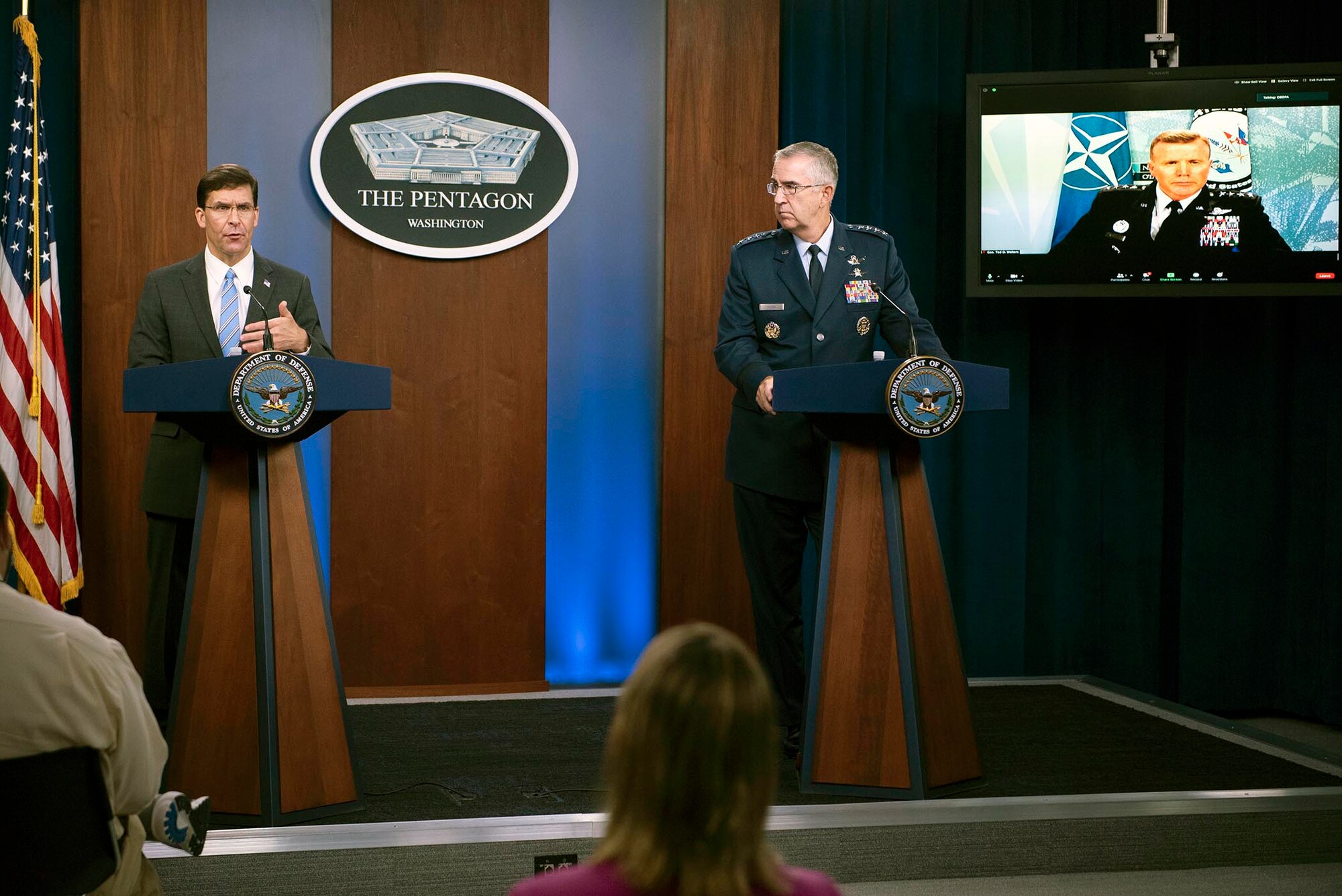 Secretary of Defense Mark T. Esper, Joint Chiefs of Staff Vice Chairman Air Force Gen. John E. Hyten, and Commander, U.S. European Command Air Force Gen. Tod D. Wolters, brief the media on the European Strategic Force Posture Review from the Pentagon Briefing Room, Washington, D.C., July 29, 2020.