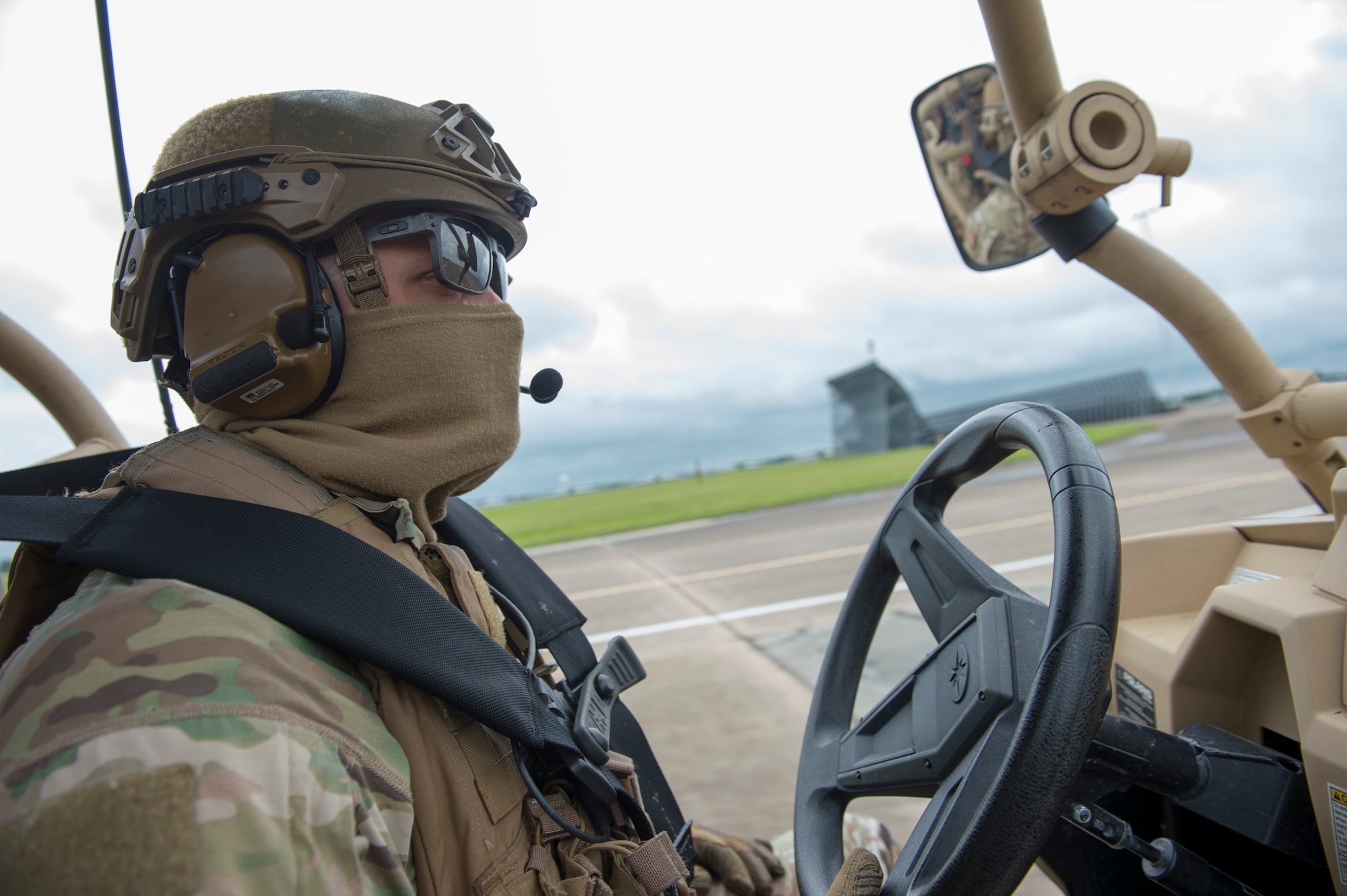 Tech. Sgt. Lance Oakes, 321st Contingency Response Squadron alpha mike security forces, drives an MRZR as part of a preliminary perimeter check of the airfield prior to the arrival of units as part of Exercise Swamp Devil July 26, 2020, at Chennault International Airport in Louisiana. An alpha mike assessment team has the tools and capability to survey any given location and create a comprehensive report on the suitability of that location as an airfield. (U.S. Air Force photo by Staff Sgt. Sarah Brice)