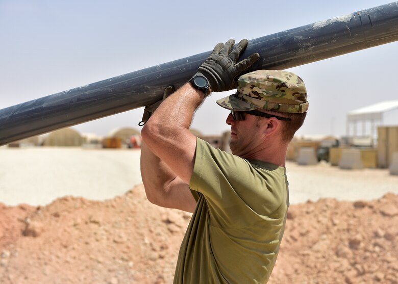 Airmen from the 378th Expeditionary Civil Engineer Squadron construct water and sewer lines at Prince Sultan Air Base, Kingdom of Saudi Arabia, July 28th, 2020.