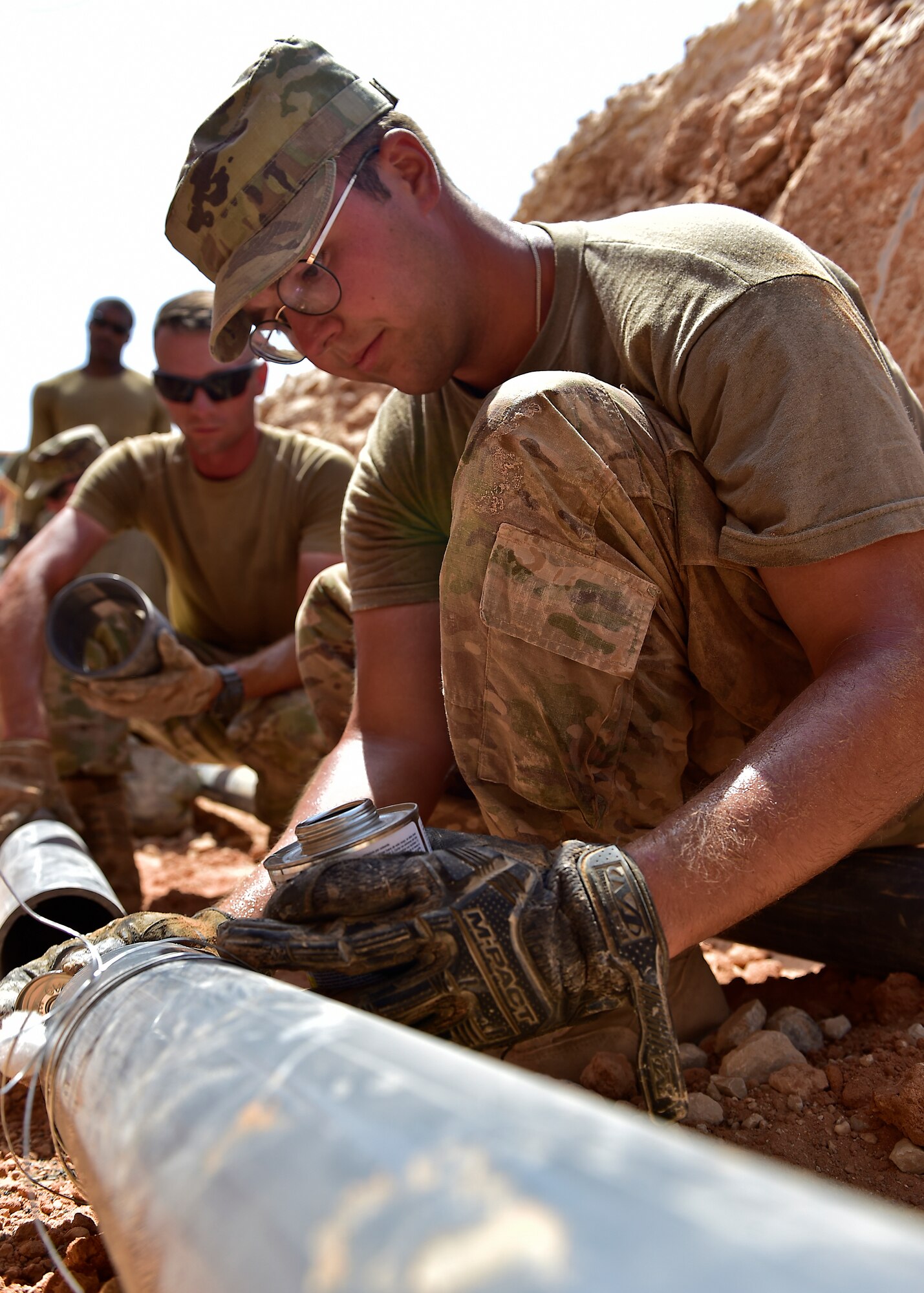 Airmen from the 378th Expeditionary Civil Engineer Squadron construct water and sewer lines at Prince Sultan Air Base, Kingdom of Saudi Arabia, July 28th, 2020.