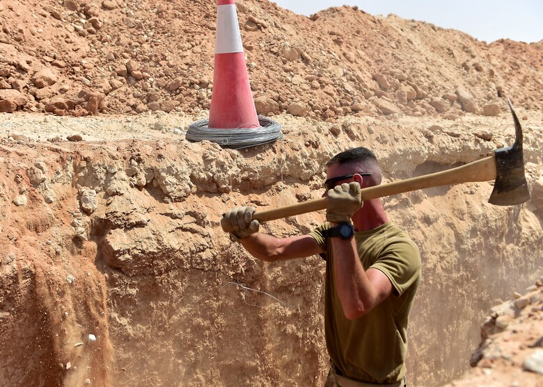 Airmen from the 378th Expeditionary Civil Engineer Squadron construct water and sewer lines at Prince Sultan Air Base, Kingdom of Saudi Arabia, July 28th, 2020.