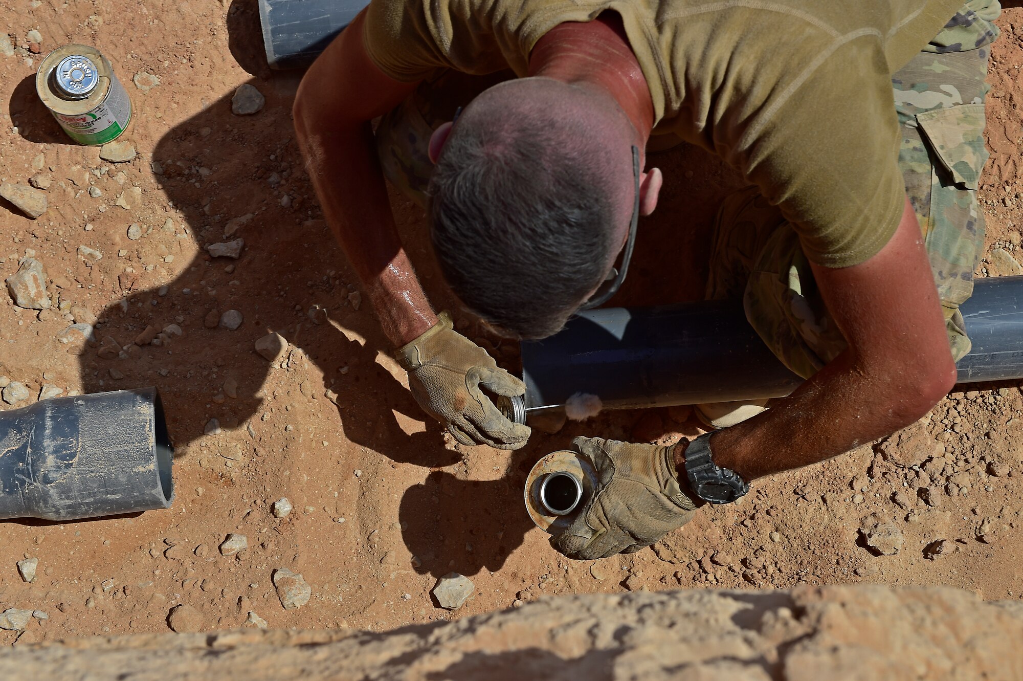 Airmen from the 378th Expeditionary Civil Engineer Squadron construct water and sewer lines at Prince Sultan Air Base, Kingdom of Saudi Arabia, July 28th, 2020.