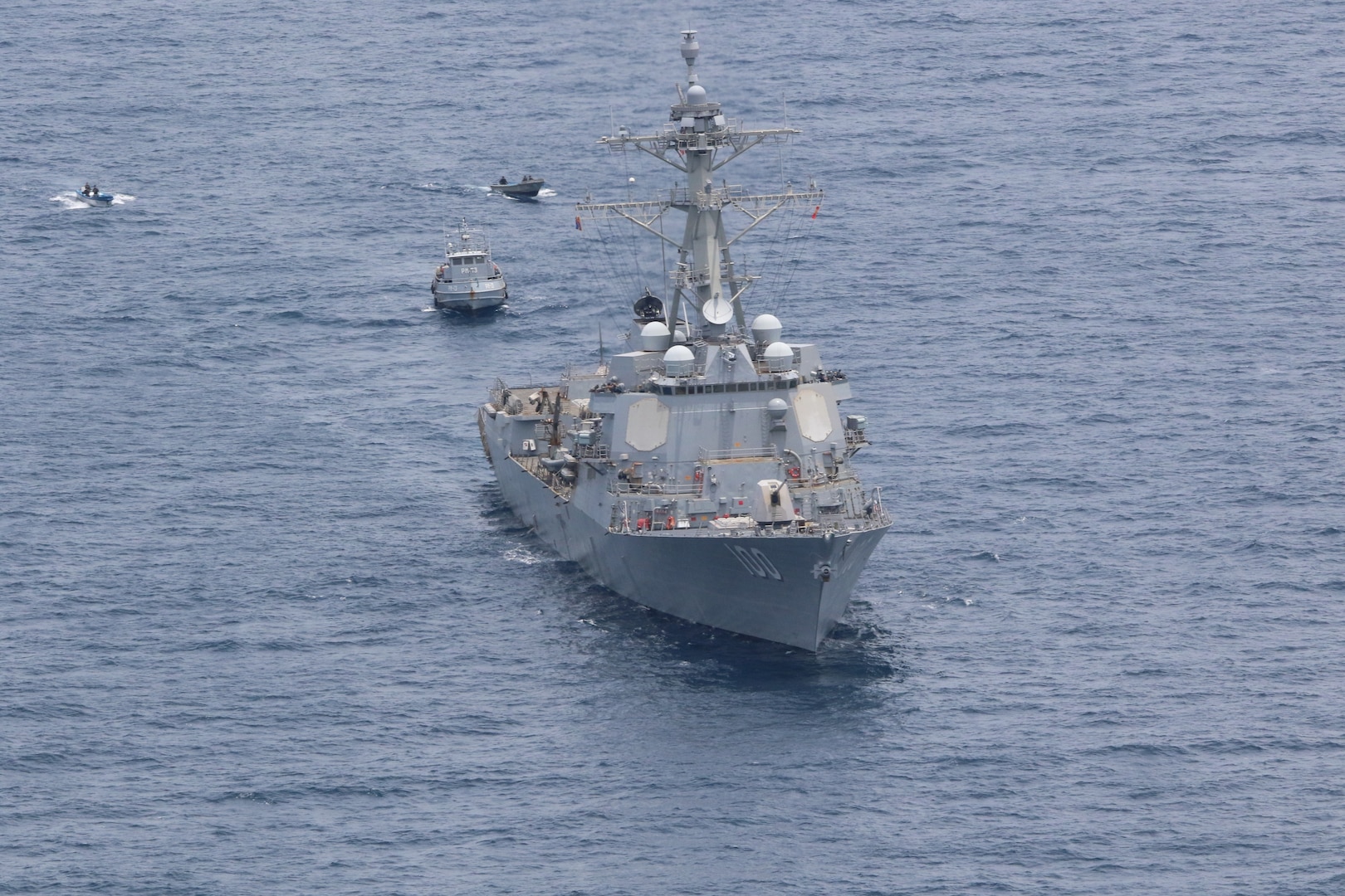 The U.S. Navy Arleigh Burke-class guided-missile destroyer USS Kidd (DDG 100) participates in a passing exercise (PASSEX) with El Salvadoran Navy Maritime Patrol Vessel 13 (PM-13) , July 29, 2020.