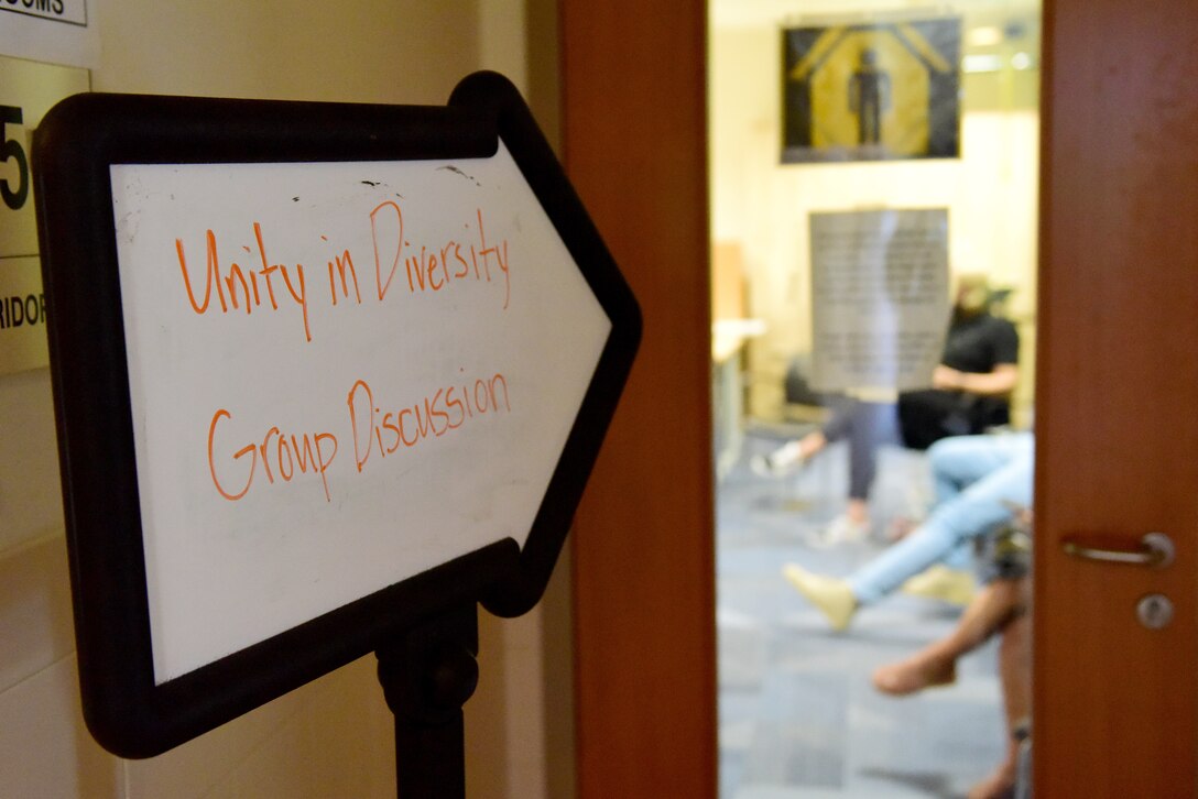 U.S. Airmen participate in group discussions during Unity In Diversity Day at Aviano Air Base, Italy, July 17, 2020. The 31st Fighter Wing came together to hold these discussions in the wake of racial disparity allegations within the Air Force, and social unrest and protests in the U.S. (U.S. Air Force photo by Staff Sgt. Kelsey Tucker)