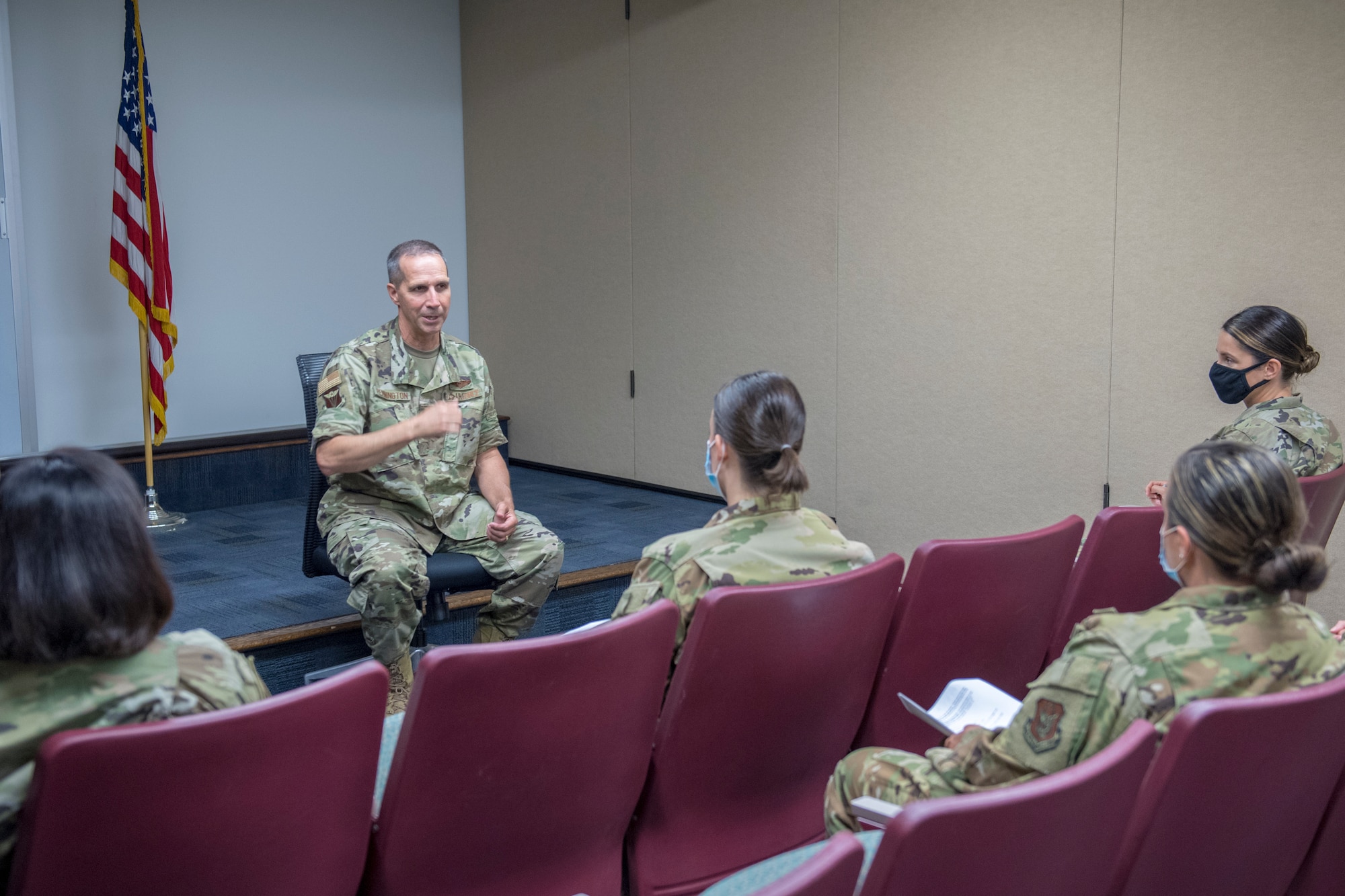 Brig. Gen. Jeffrey T. Pennington, commander of the 4th Air Force, speaks with members of the 911th Aeromedical Evacuation Squadron at the Pittsburgh International Airport Air Reserve Station, Pennsylvania, July 11, 2020.