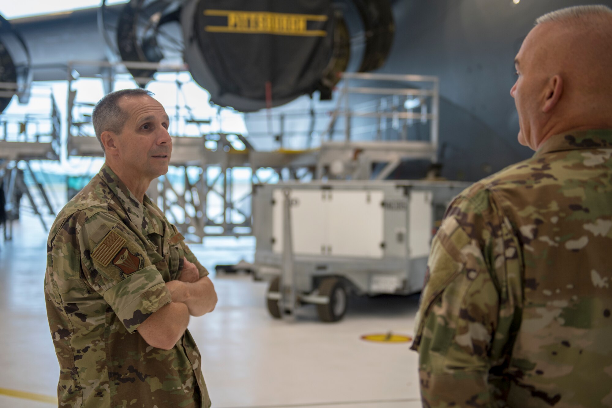 Brig. Gen. Jeffrey T. Pennington, 4th Air Force commander, speaks with Airmen of the 911th Maintenance Group at the Pittsburgh International Airport Air Reserve Station, Pennsylvania, July 11, 2020.