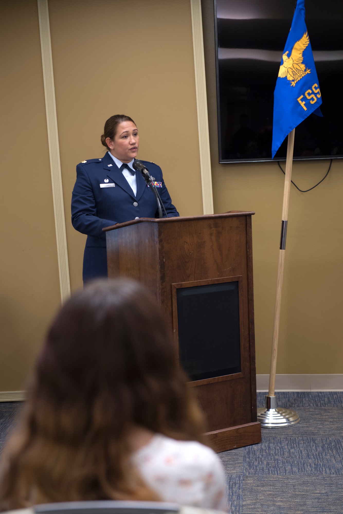 Maj. Sabrina Ocampo, commander of the 911th Force Support Squadron, gives a speech during an assumption of command ceremony at the Pittsburgh International Airport Air Reserve Station. Pennsylvania, July 12, 2020.