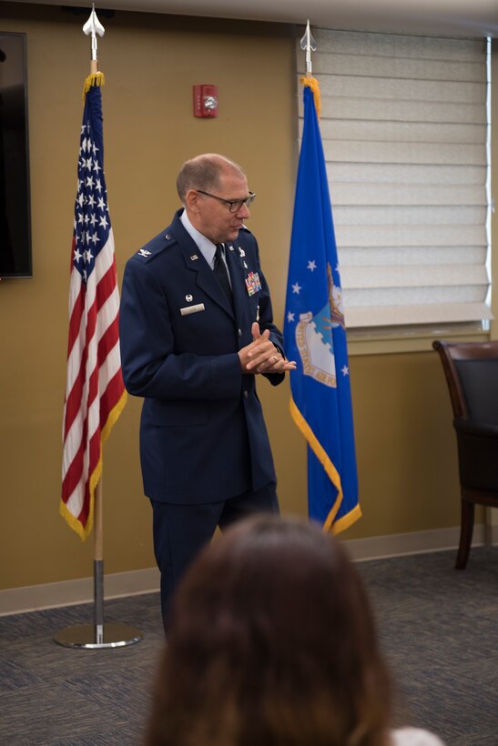Col. Kenneth M. Lute, commander of the 911th Mission Support Group, gives a speech about Maj. Sabrina Ocampo, commander of the 911th Force Support Squadron, during her assumption of command ceremony at the Pittsburgh International Airport Air Reserve Station, Pennsylvania, July 12, 2020.