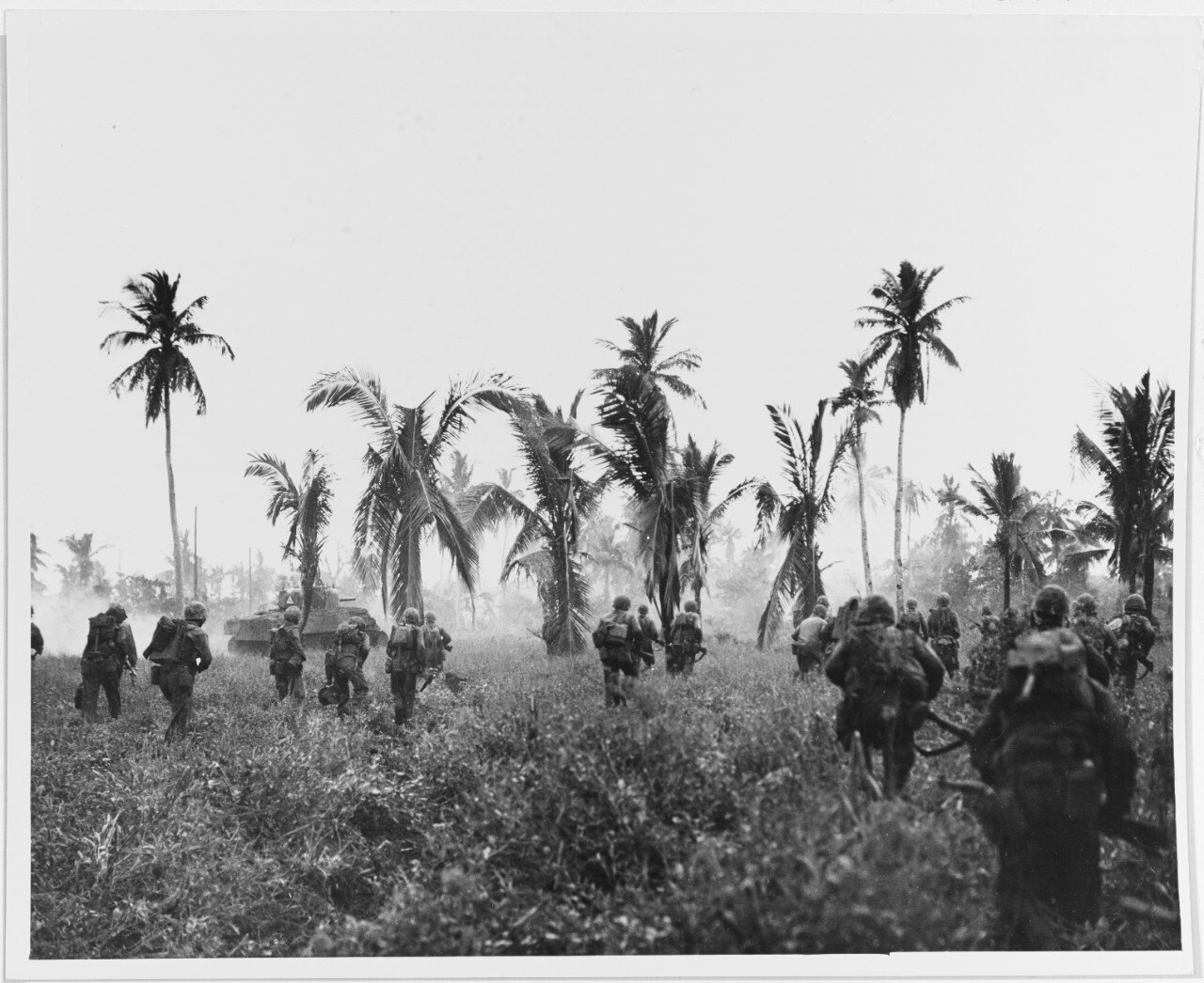 Several men and a tank push through an overgrown field near palm trees.