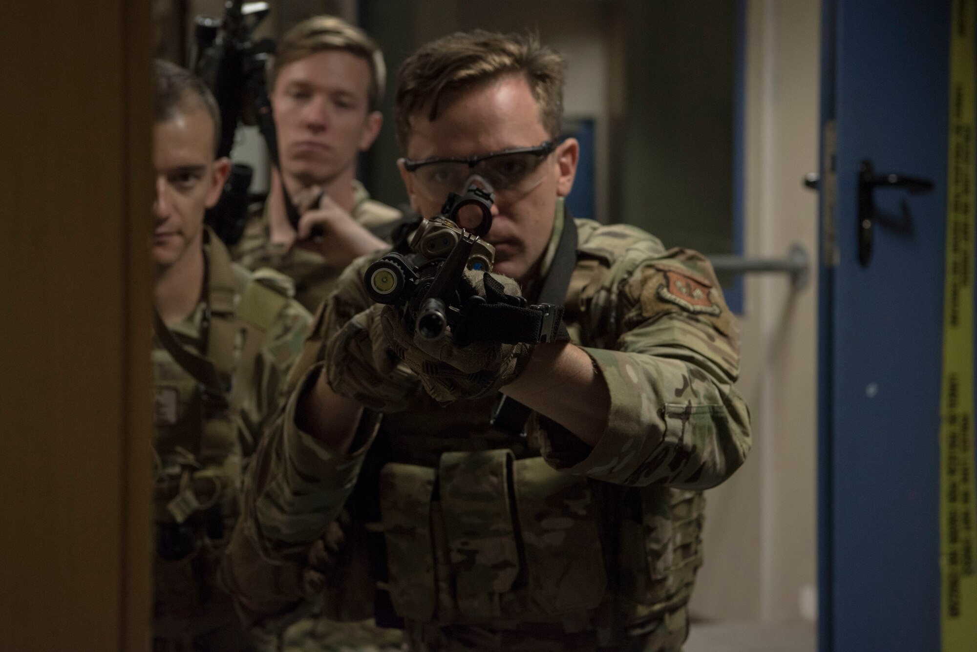 U.S. Air Force Staff Sgt. Lance Munsee, 435th Security Forces Squadron contingency response team member, clears a corner during close quarters battle training.