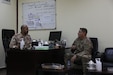 U.S. Army Lt. Col. Michael Rodriguez speaks with Kuwait Land Forces Lt. Col

Meshal Alrubiaan during a meeting in Kuwait on July 20, 2020. The meeting was

held to lay the groundwork and planning for subject matter expert exchanges

between the United States Army and the Kuwait Land Forces.