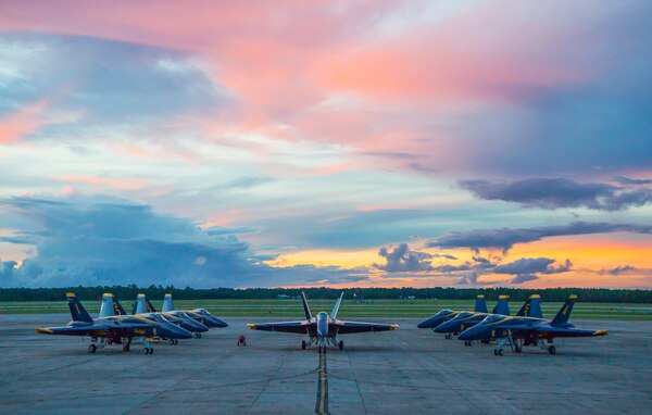 The first Blue Angels F/A-18 Super Hornet parks on the flight line at Naval Air Station Pensacola, Florida.