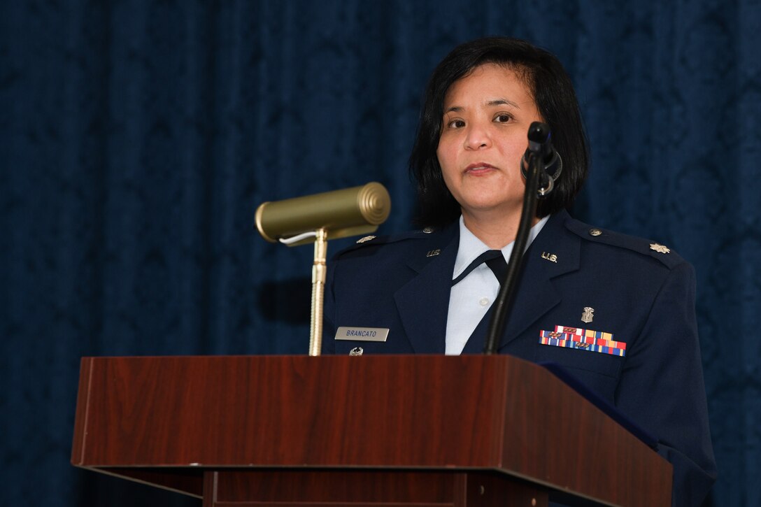 Lt. Col. Marie-Antonette C. Brancato, 316th Medical Squadron commander, gives a welcome speech to members of the 316th MDS during a change of command ceremony at Joint Base Anacostia-Bolling, Washington, D.C., July 29, 2020.