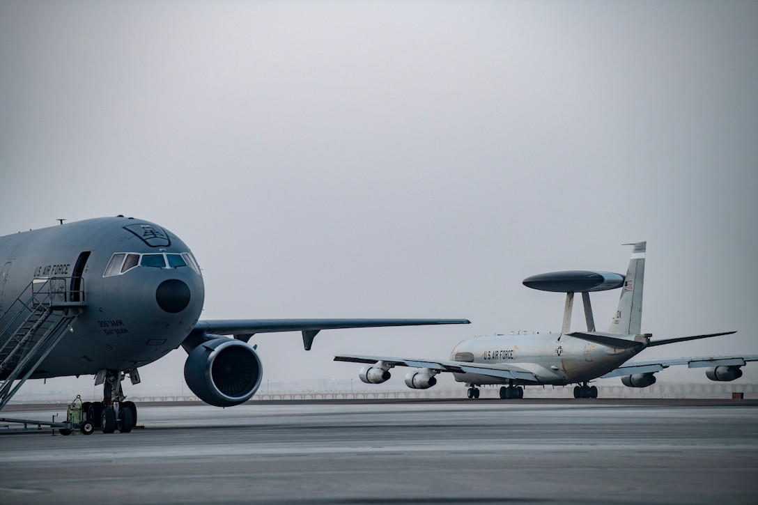 AL DHAFRA AIR BASE, United Arab Emirates – An E-3G Sentry (AWACS) prepares for takeoff during a large force exercise here July 21, 2020. The United Arab Emirates Joint Aviation Command conducted air training operations with forces assigned to U.S. Air Force Central Command and coalition forces in the southern Arabian Gulf (U.S. Air Force photo by Master Sgt. Patrick OReilly)