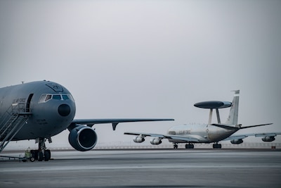 AL DHAFRA AIR BASE, United Arab Emirates – An E-3G Sentry (AWACS) prepares for takeoff during a large force exercise here July 21, 2020. The United Arab Emirates Joint Aviation Command conducted air training operations with forces assigned to U.S. Air Force Central Command and coalition forces in the southern Arabian Gulf (U.S. Air Force photo by Master Sgt. Patrick OReilly)