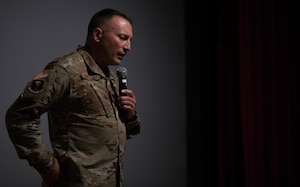 U.S. Air Force Lt. Col. (Dr.) Christopher Button, 509th Mental Health Flight commander, speaks at an event highlighting the effects of sleep deprivation on mental health at Whiteman Air Force Base, Missouri, July 17, 2020. The event discussed the connection between a proper sleep schedule and its benefits to mental health. (U.S. Air Force photo by Senior Airman Thomas Johns.)