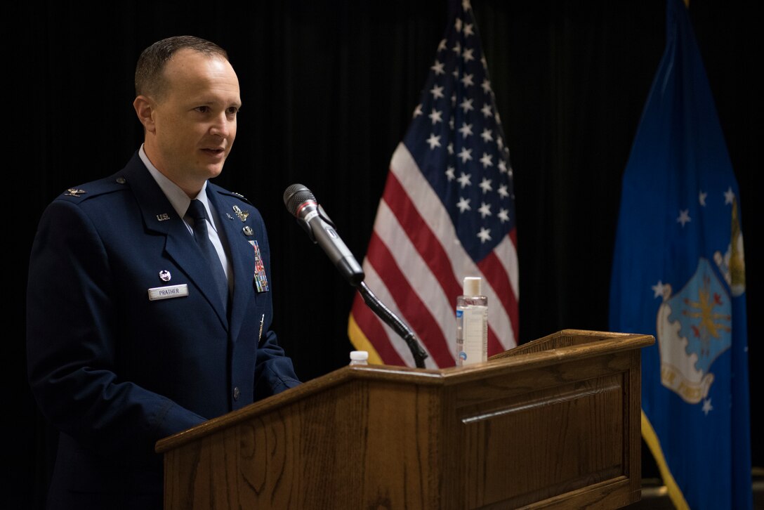 Col. Craig D. Prather, 47th Flying Training Wing commander, gives his first speech during the virtual wing change of command ceremony at Laughlin Air Force Base, Texas, July 31, 2020. Prather takes command after serving as the commander of the 1st Joint Special Operations Air Component at Fort Bragg, N.C. (U.S. Air Force photo by Senior Airman Marco A. Gomez)