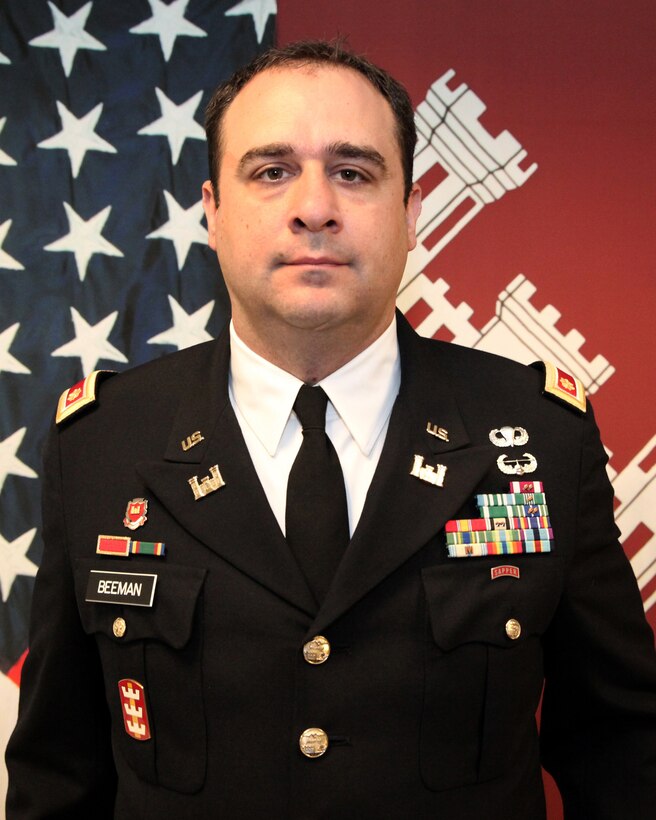 Maj. Jeffrey M. Beeman is the deputy commander for the Los Angeles District, U.S. Army Corps of Engineers.

Beeman is originally from San Diego, California. He earned his commission in the Corps of Engineers though Claremont McKenna College Army ROTC. Stationed initially at Fort Benning, Georgia, his first assignment was as a platoon leader for the 362nd Multi-Role Bridge Company, deploying in support of Operation Iraqi Freedom. Upon redeployment, he was assigned to the 11th Engineer Battalion, where he served as the Forward Support Company executive officer and later as the battalion plans officer.