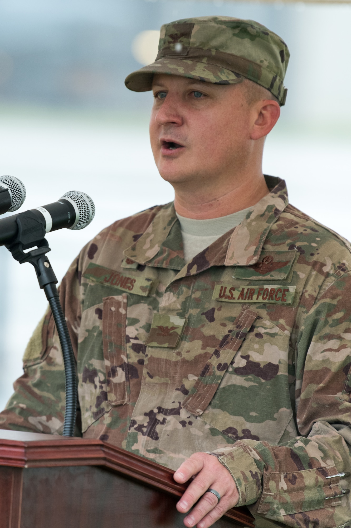 Col. Matthew Jones, 436th Airlift Wing commander, speaks during a ground breaking ceremony for a new hangar, July 31, 2020 at Dover Air Force Base, Del. The new hangar will service Dover AFB’s fleet of C-5M Super Galaxy and C-17 Globemaster III jets. (U.S. Air Force Photo by Mauricio Campino)