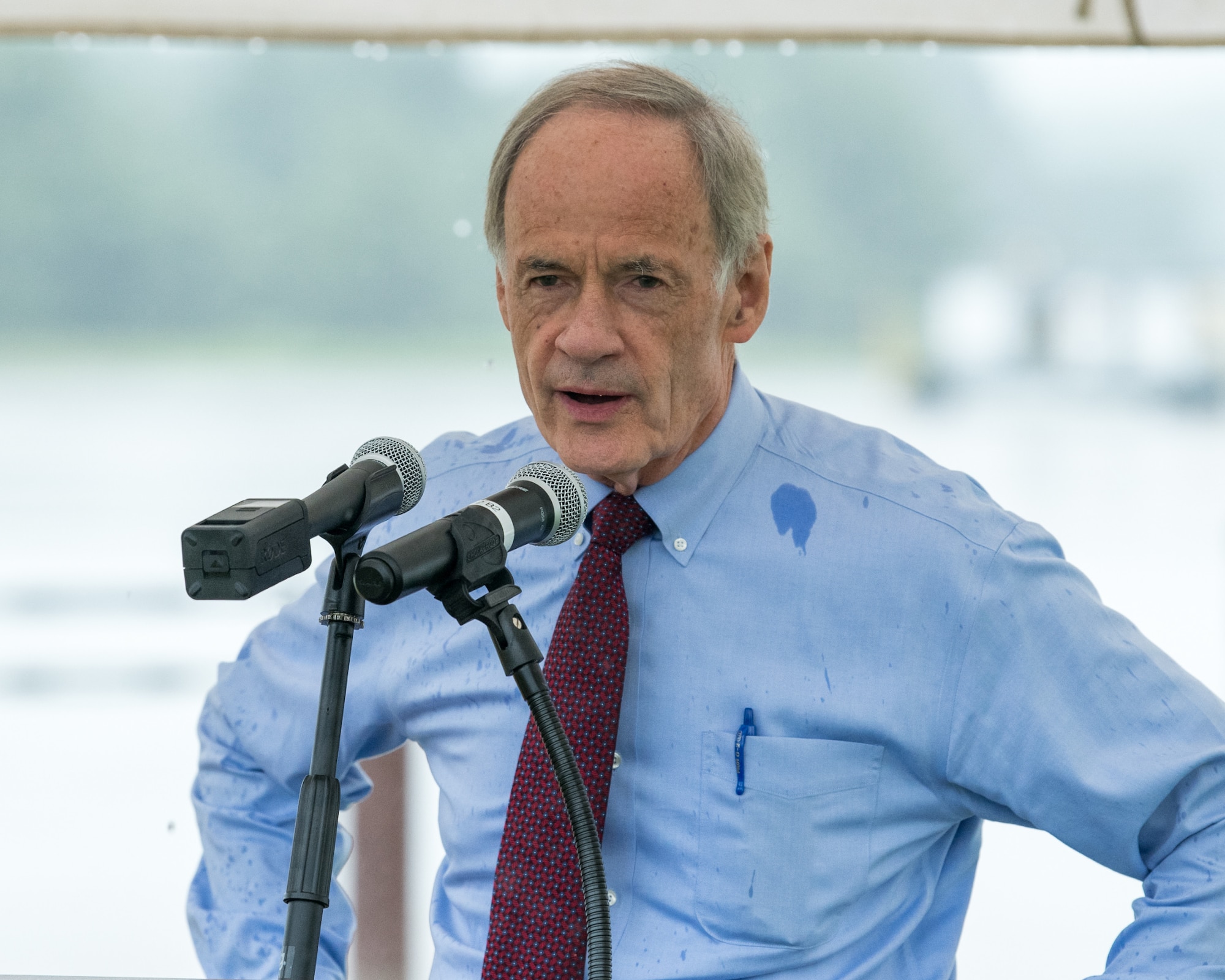 Sen. Tom Carper speaks during a ground breaking ceremony for a new hangar, July 31, 2020 at Dover Air Force Base, Del.  The $41.2 million state-of-the-art aircraft hangar is scheduled to be completed in December of 2021.(U.S. Air Force Photo by Mauricio Campino)