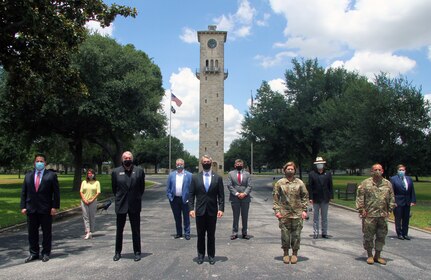 San Antonio Mayor Ron Nirenberg (center) and official members of the City of San Antonio’s city council met with Lt. Gen. Laura J. Richardson (first row, fourth from left), commanding general of U.S. Army North (Fifth Army) and the Joint Force Land Component Command, and Command Sgt. Maj. Phil Barretto (first row, far right), senior enlisted leader of U. S. Army North, during their tour of Joint Base San Antonio-Fort Sam Houston July 29. U.S. Army North leaders were able to update City of San Antonio officials on their day-to-day mission, as well as the response against the COVID-19 pandemic, which includes hospitals across San Antonio.