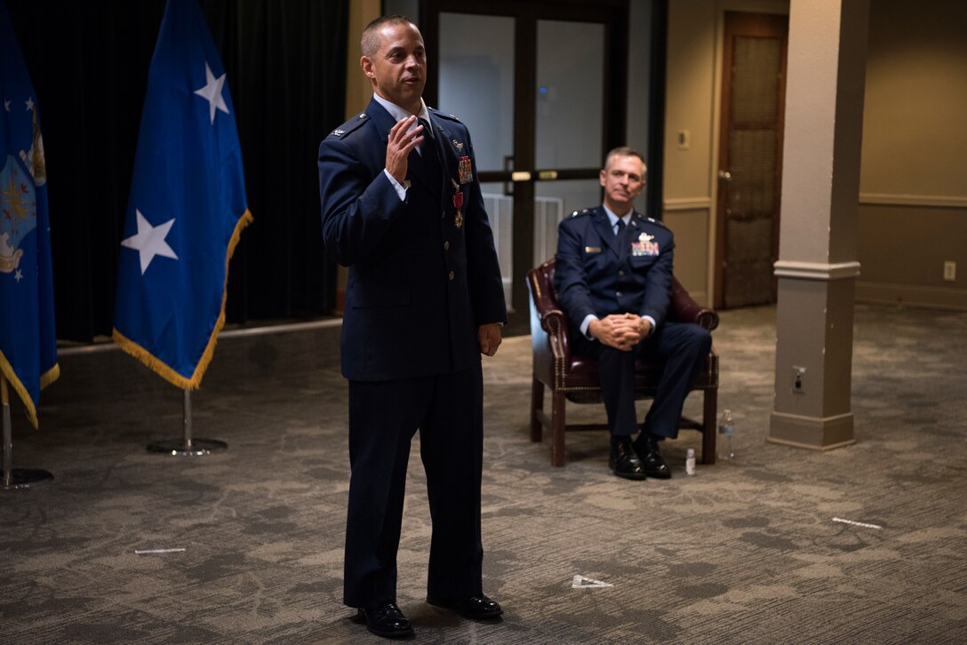 Col. Lee Gentile, 47th Flying Training Wing commander, gives his farewell speech to the Airmen of Team XL during the virtual wing change of command ceremony at Laughlin Air Force Base, Texas, July 31, 2020. Gentile and his family will continue their Air Force journey at Maxwell AFB, Ala. (U.S. Air Force photo by Senior Airman Marco A. Gomez)