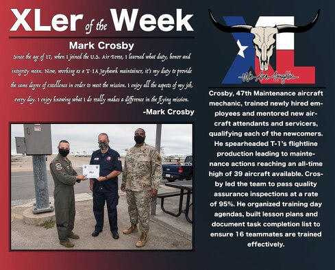 Mark Crosby, 47th Maintenance Directorate aircraft mechanic, was chosen by wing leadership to be the “XLer of the Week”, the week of July 27, 2020, at Laughlin Air Force Base, Texas. The “XLer” award, presented by Col. Lee Gentile, 47th Flying Training Wing commander, and Chief Master Sgt. Robert L. Zackery III, 47th FTW command chief master sergeant, is given to those who consistently make outstanding contributions to their unit and the Laughlin mission. (U.S. Air Force Graphic by Senior Airman Anne McCready)