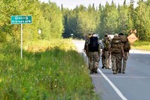 U.S. Airmen from the 354th Civil Engineer Squadron Explosive Ordnance Disposal (EOD) flight ruck outside of Eielson Air Force Base, Alaska, July 31, 2020. This year marks the sixth time the EOD flight will ruck 220 miles from Eielson AFB to the Arctic Circle. (U.S. Air Force photo by Senior Airman Beaux Hebert)