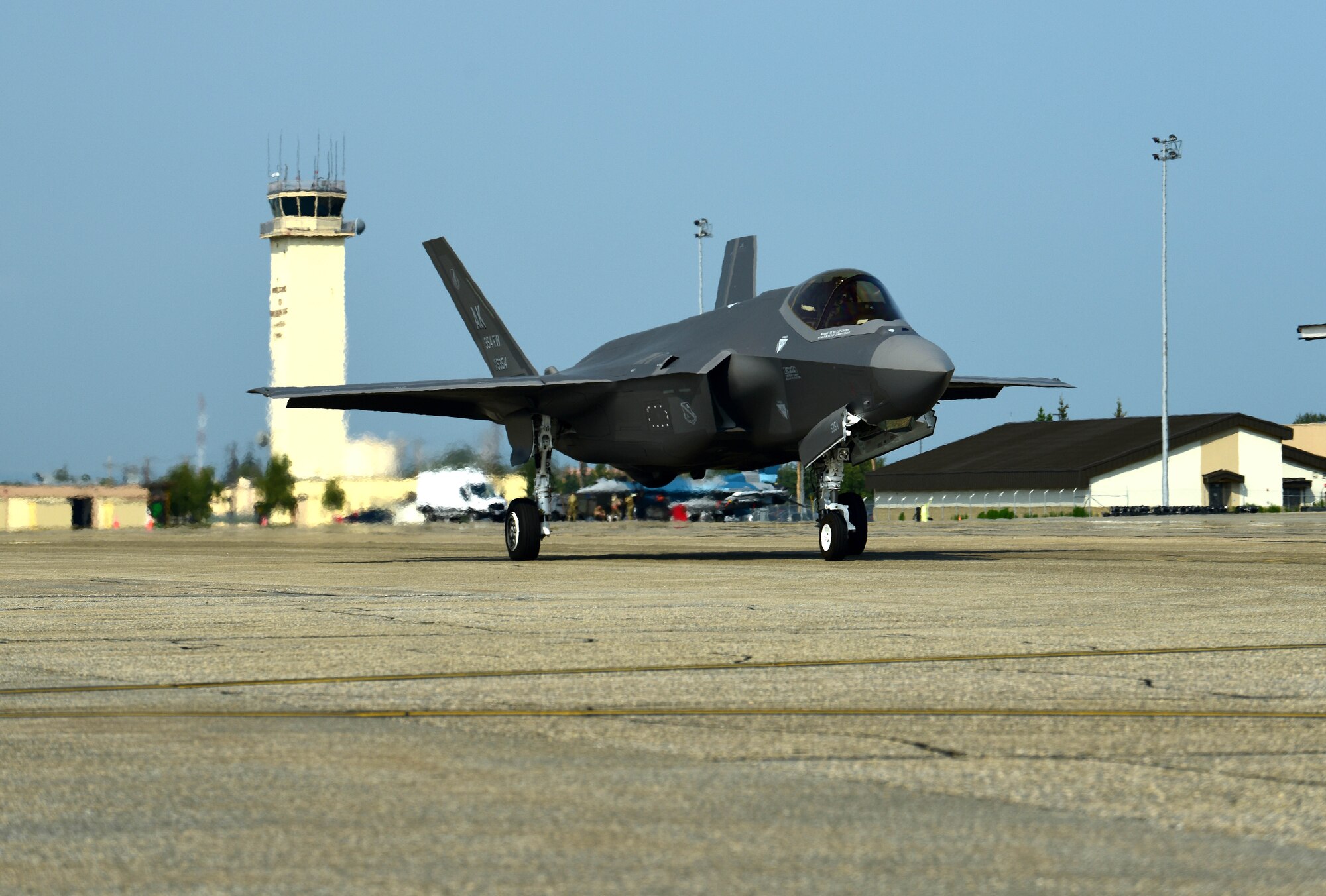 The 354th Fighter Wing flagship F-35A Lightning II flown by U.S. Air Force 1st Lt. Billy Mullis, a 356th Fighter Squadron pilot, taxis on the flightline at Eielson Air Force Base, Alaska, July 30, 2020. The three flagship F-35As were flown from the Lockheed Martin factory in Fort Worth, Texas to their homestation in Alaska. (U.S. Air Force photo by Tech. Sgt. Jerilyn Quintanilla)