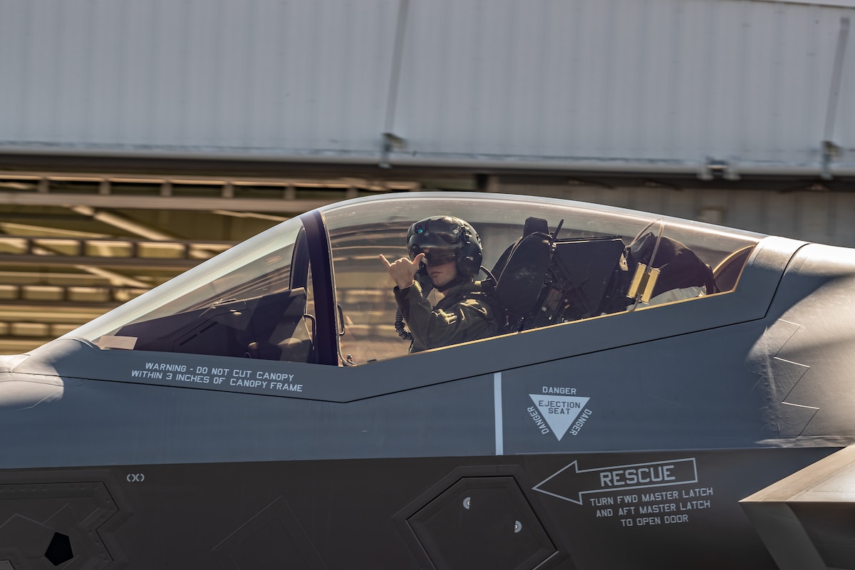 U.S. Air Force 1st Lt. Billy Mullis, 356th Fighter Squadron F-35A Lightning II pilot, poses for a photo at Lockheed-Martin in Fort Worth, Tx, July 30, 2020. Mullis had the privelidge of flying the 354th FW flagship to its homestation at Eielson Air Force Base, AK. (Lockheed Martin photo by Chris Hanoch)