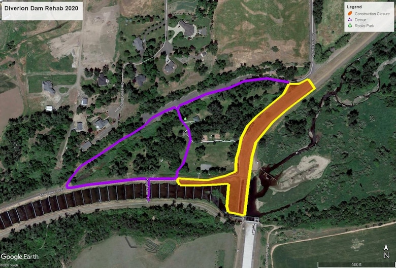 The U.S. Army Corps of Engineers’ Walla Walla District (Corps) will be rehabilitating the diffuser blocks at the base of the diversion dam at Rooks Park beginning August 3, resulting in trail detours and trail closures in Rooks Park.
