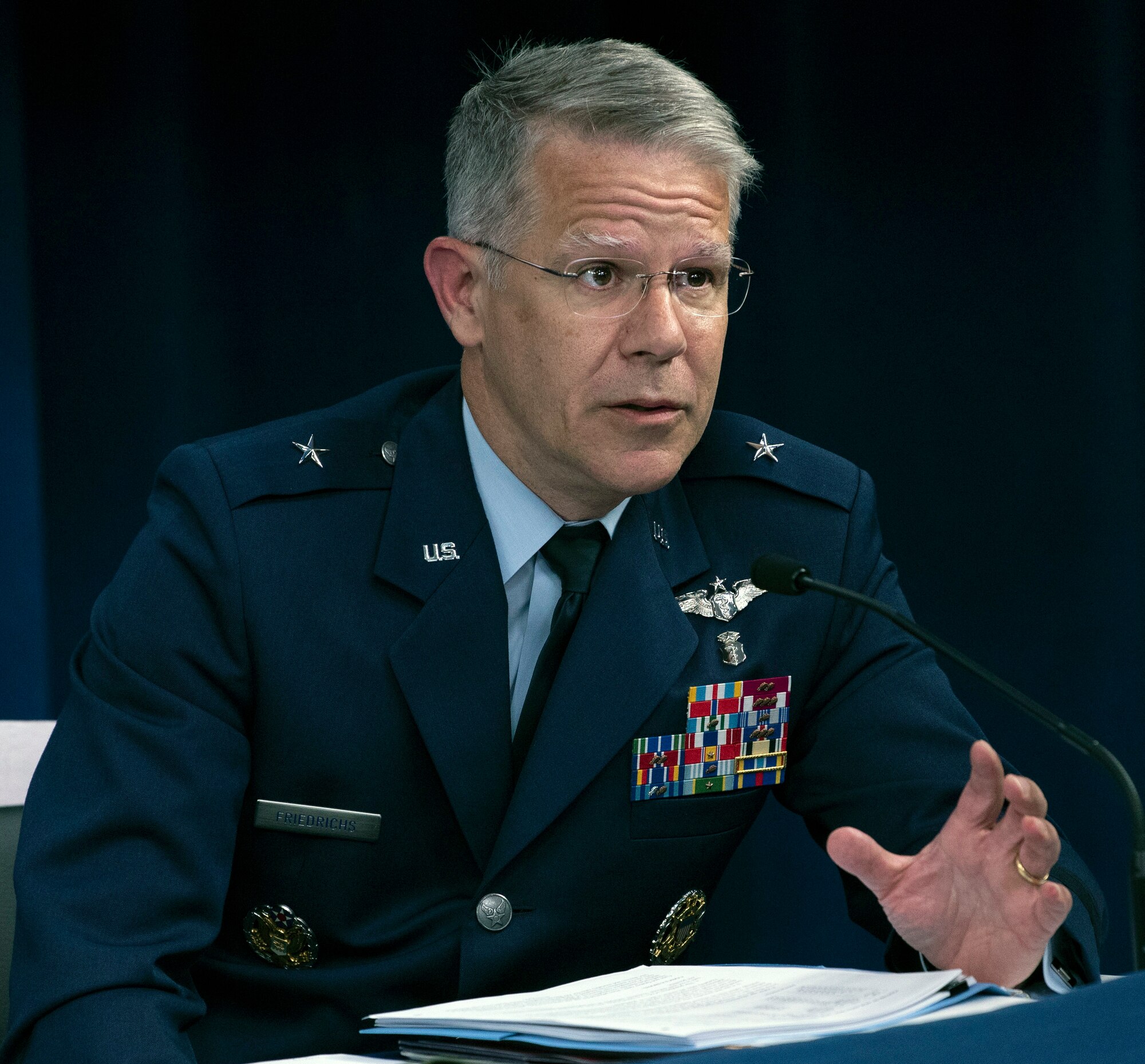 Air Force Brig. Gen. (Dr.) Paul Friedrichs, Joint Staff surgeon and medical advisor to the Defense Department’s coronavirus task force, speaks during a Pentagon news conference on DOD COVID-19 testing, July 30, 2020.